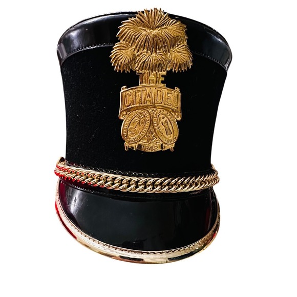 Vintage The Citadel Military Academy Black Suede Parade Hat Gold Chain Badg 1842 - Picture 8 of 8